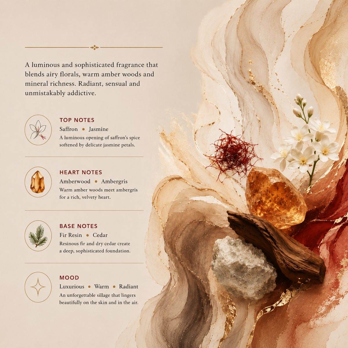 A fragrance notes infographic titled 'FRAGRANCE NOTES' on a warm beige background. It displays categorized notes with small photos and labels: top notes including saffron, jasmine, and cedarwood; heart notes including amberwood, ambregris, and musk; base notes including fir resin and woody notes. fragrance inspired by baccarat rouge 540 for my car perfume