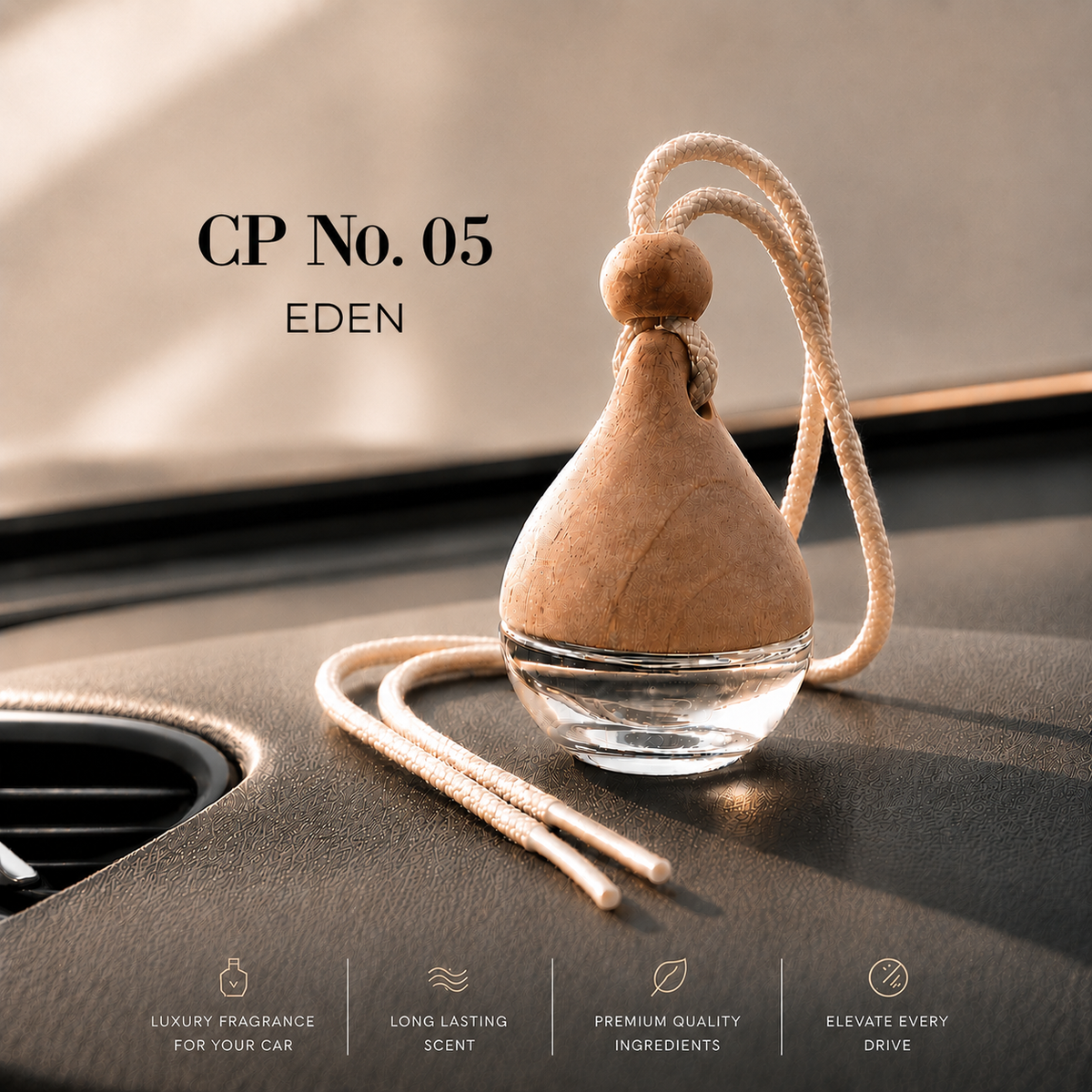 A teardrop-shaped car air freshener or diffuser labeled 'CP No. 05 EDEN' sits on a car dashboard. Crisp green apple, refreshing cucumber and delicate florals create a vibrant fragrance that's as fresh as a morning walk through an orchard. Bright, energetic and beautifully uplifting.