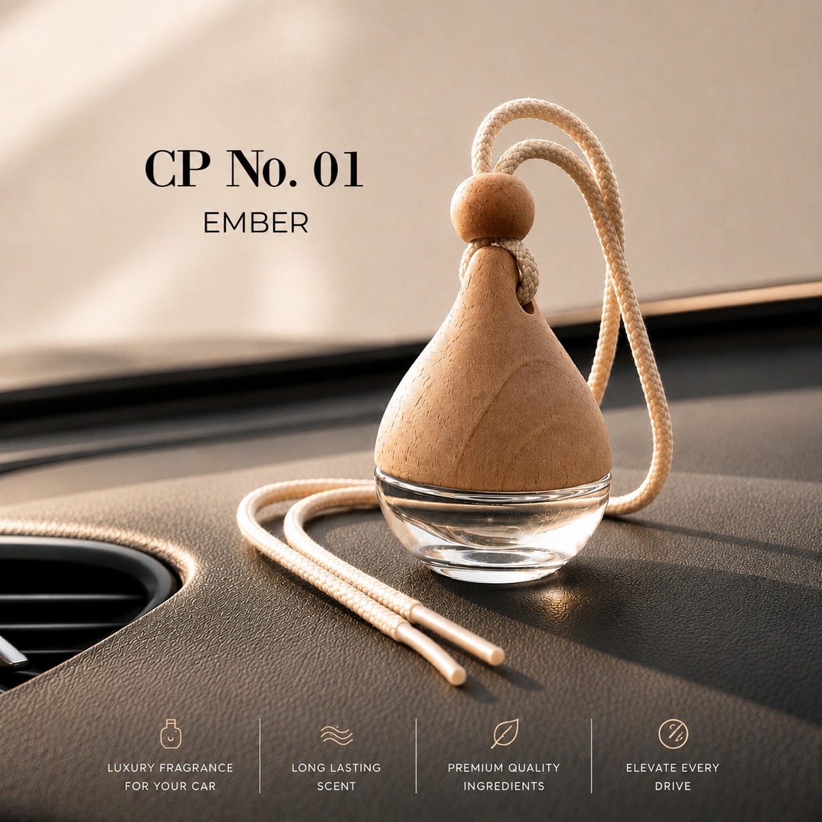 A car air freshener bottle labeled 'CP No. 01 EMBER' sits on a car dashboard. a highly recommended fragrance for your car loved by many. best luxury car fragrance. 