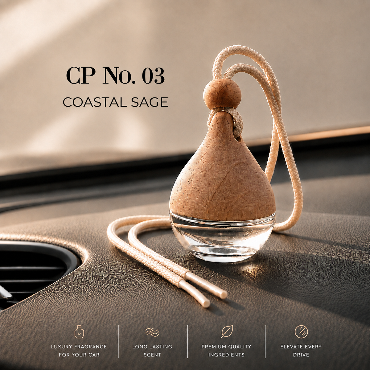 A car air freshener bottle labeled 'CP No. 03 COASTAL SAGE' sits on a car dashboard.