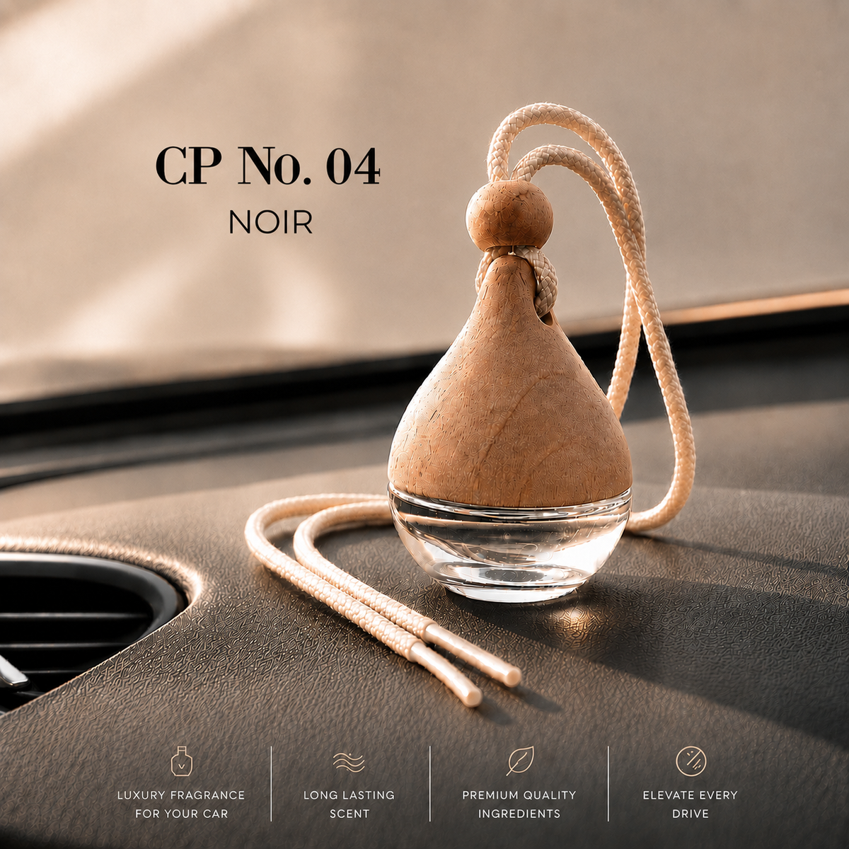A car air freshener diffuser labeled 'CP No. 04 NOIR' sits on a car dashboard. An irresistible blend of warm spices, rich amber and smooth tobacco creates a fragrance full of confidence and character. Noir is bold, elegant and designed for those who appreciate timeless luxury.