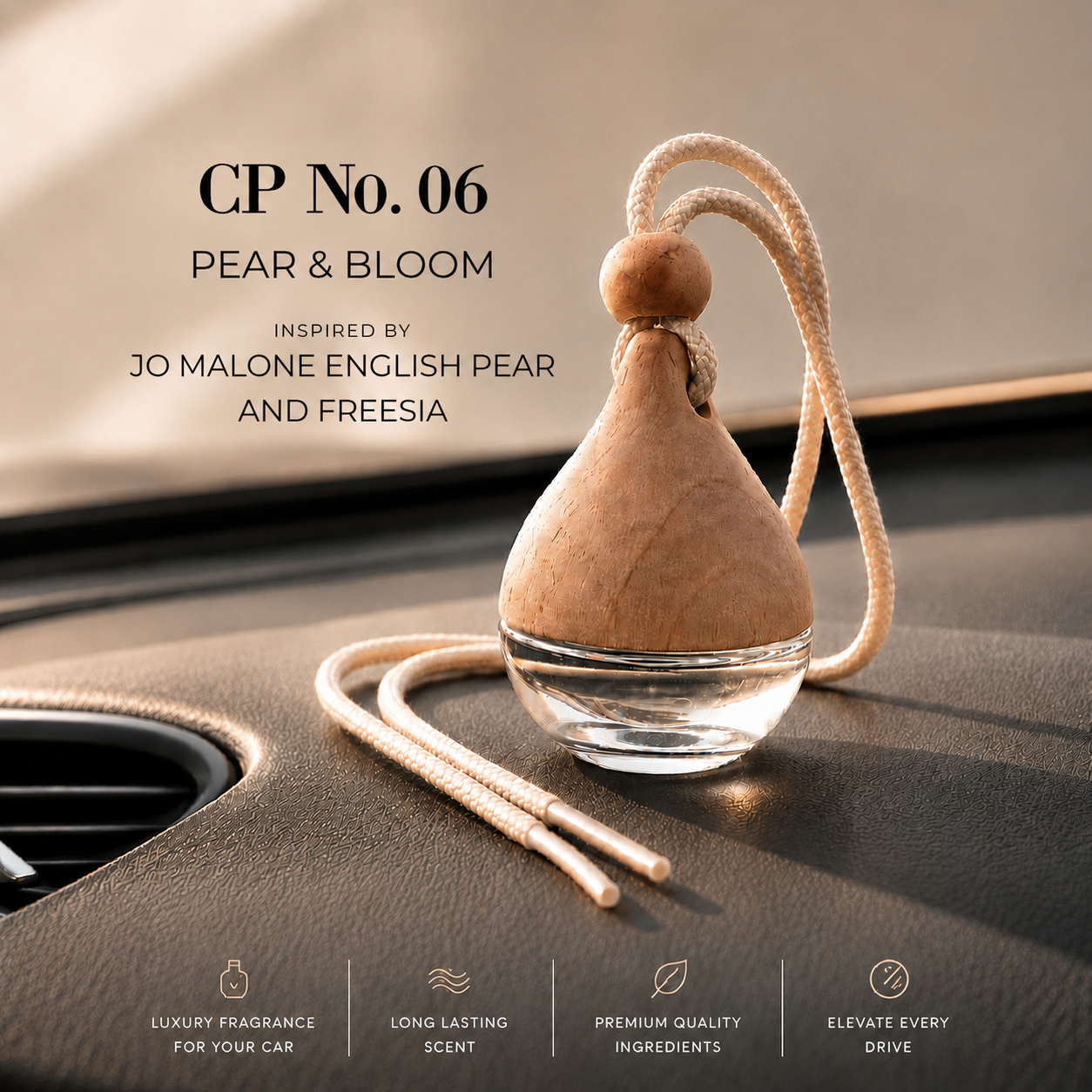 A teardrop-shaped car fragrance diffuser with a natural wood top and a clear glass base, resting on a car dashboard. The image includes text overlays reading 'CP No.