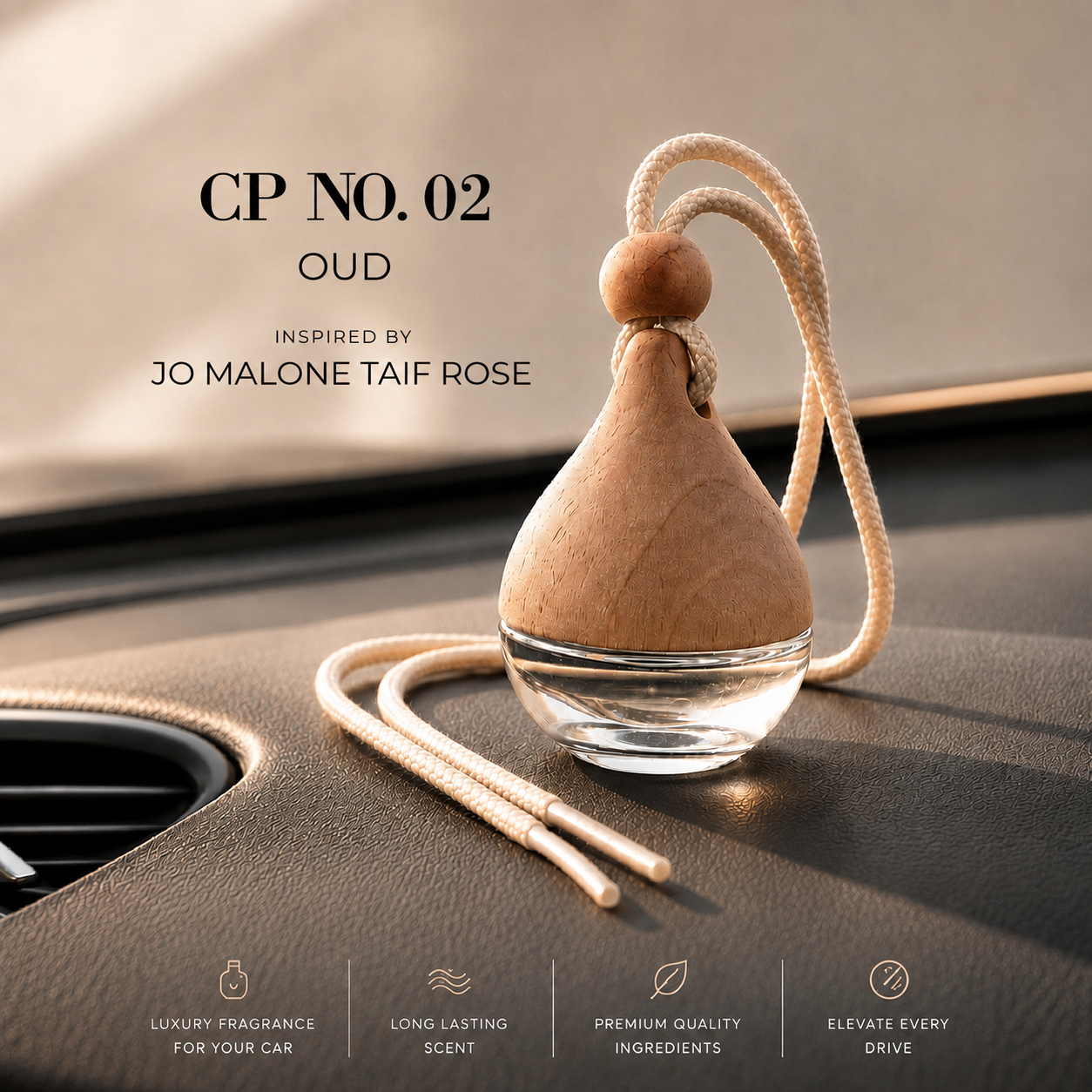 A teardrop-shaped car air freshener with a light wood top, clear glass base, and cream rope loop, resting on a car dashboard. Text on the image reads 'CP No.