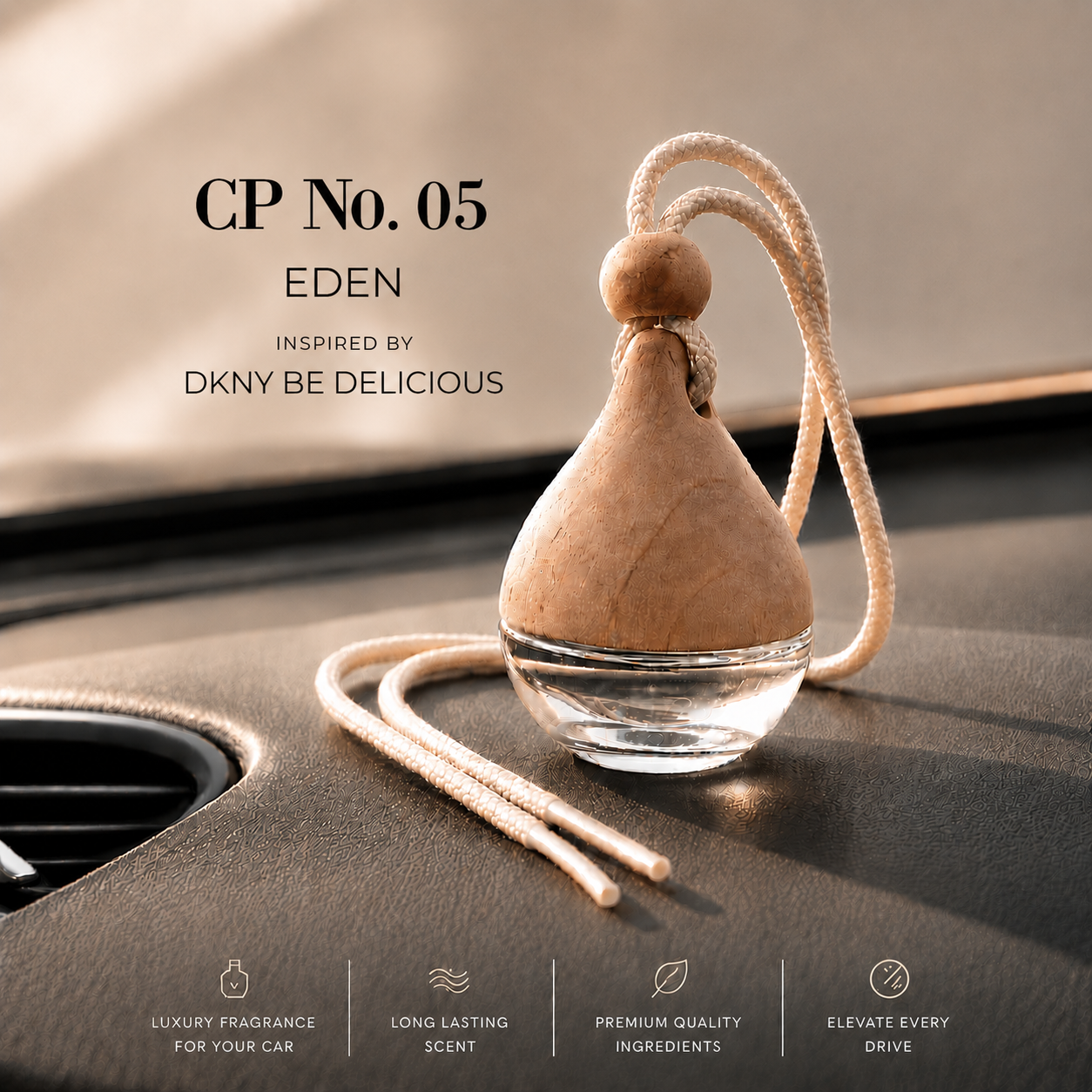 A car air freshener diffuser bottle labeled 'CP No. 05 Eden' resting on a car dashboard, with a beige rope loop and a clear glass base.