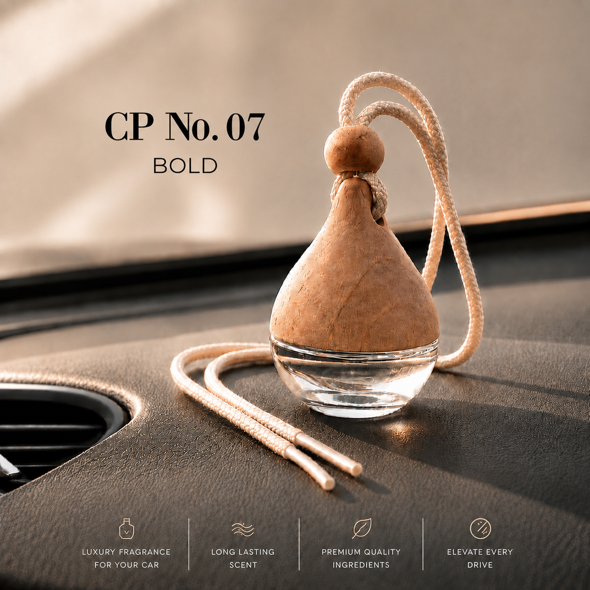 A car air freshener diffuser bottle labeled 'CP No. 07 BOLD' sits on a car  A bold blend of fresh bergamot, aromatic lavender and warm amber creates a powerful fragrance that feels confident, rugged and effortlessly masculine. Fresh, intense and sophisticated, Bold brings an unmistakable sense of adventure to every drivedashboard.