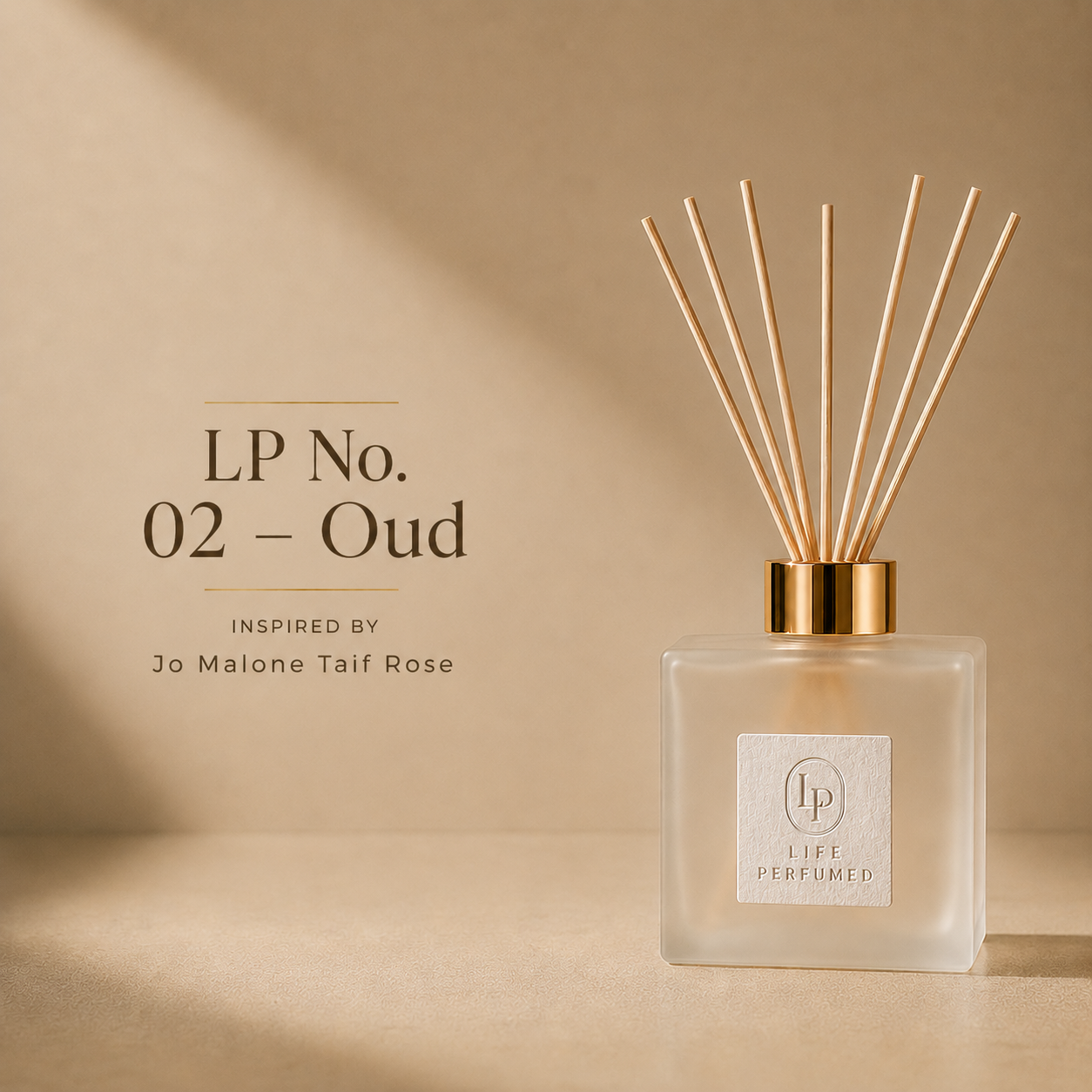 A reed diffuser bottle with natural wood reeds and a gold collar, set on a beige surface against a matching beige background. Text on the left reads 'LP No.