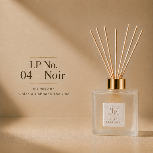 A reed diffuser bottle with a gold cap and natural reed sticks stands on a beige surface against a matching beige background. Text on the left reads 'LP No.
