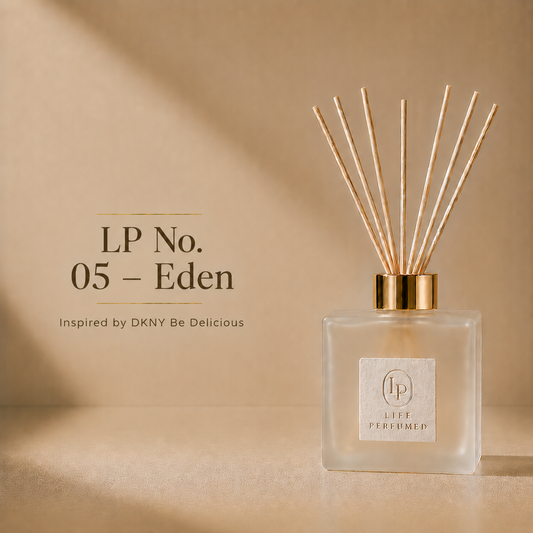 A reed diffuser bottle with a frosted glass body, gold cap, and natural reed sticks, placed on a warm beige surface against a matching beige background. Text on the left reads 'LP No.