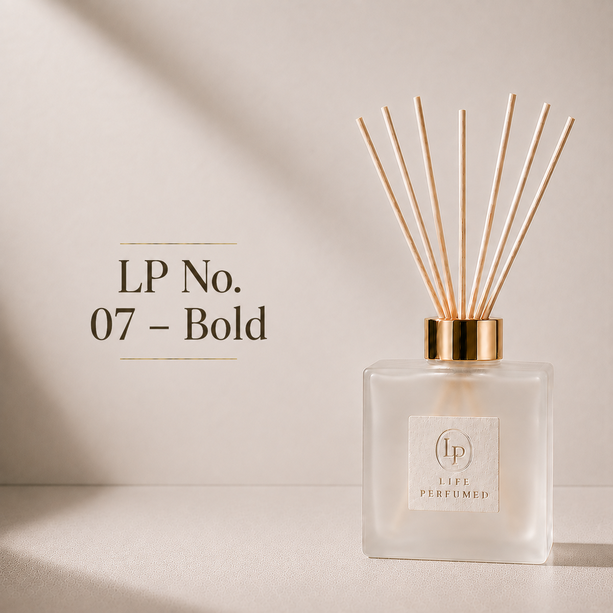 A reed diffuser bottle with a frosted glass body, gold collar, and natural reeds, shown on a warm beige surface with text reading 'LP No. 07 - Bold' on the left. A bold blend of fresh bergamot, aromatic lavender and warm amber creates a powerful fragrance that feels confident, rugged and effortlessly masculine. Fresh, intense and sophisticated, Bold brings an unmistakable sense of adventure to every drive.