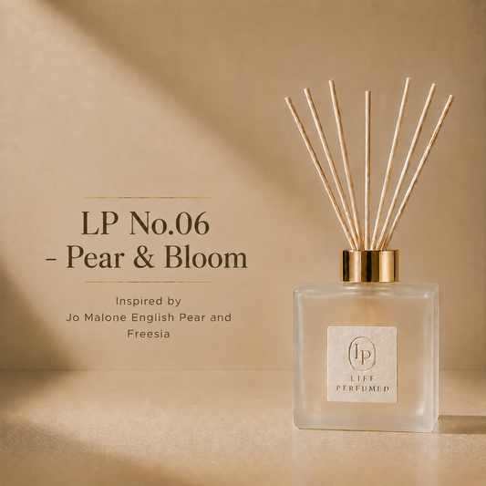 A reed diffuser bottle with natural reed sticks, labeled LP No.06 - Pear & Bloom, inspired by Jo Malone English Pear and Freesia, set against a warm beige background with elegant text on the left.