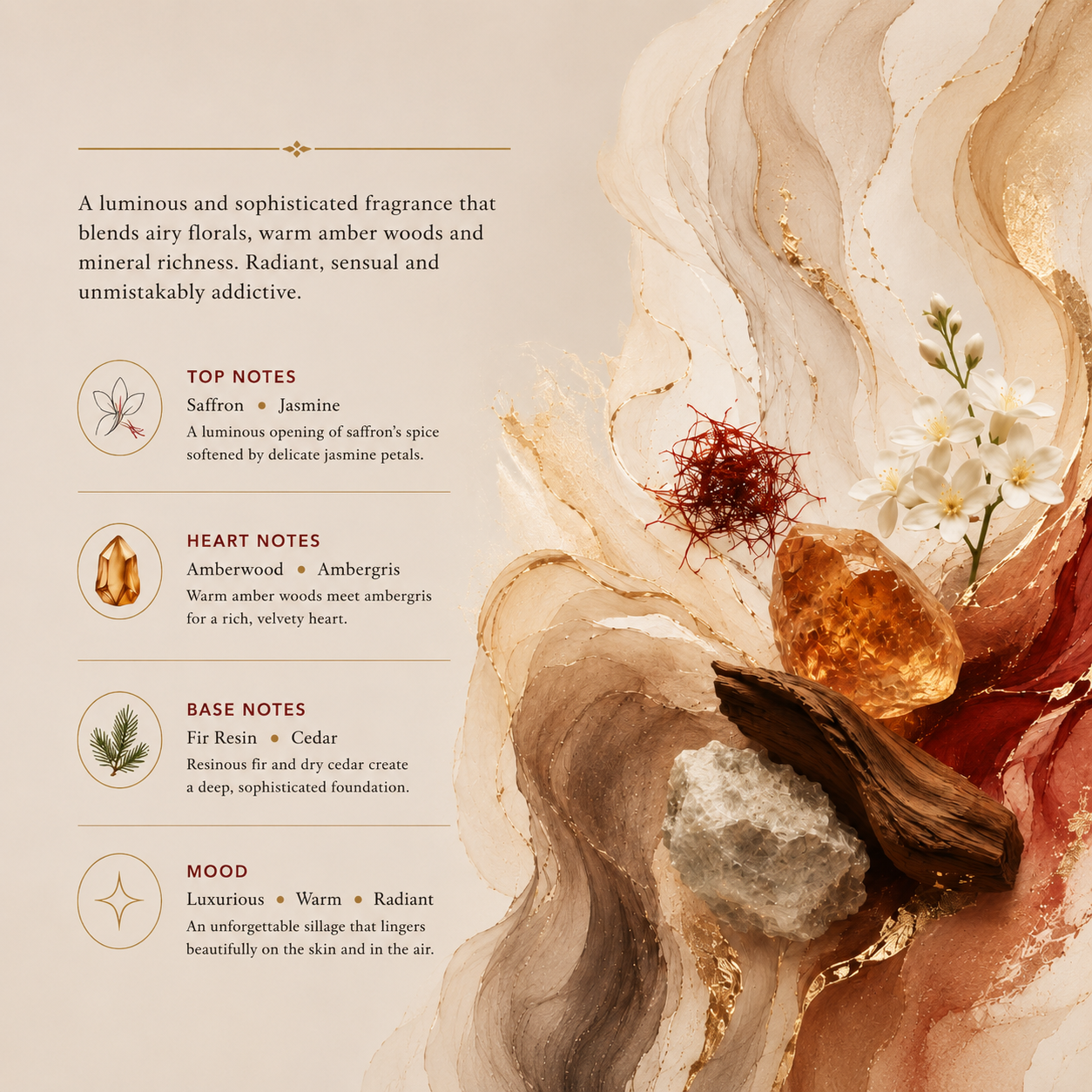 A fragrance notes graphic on a warm beige background, describing a luminous, sophisticated scent with top notes of saffron and jasmine, heart notes of amberwood and ambregris, base notes of resin and cedar, and a warm radiant mood. The right side features abstract resin art with amber, cream, gold, and brown tones.