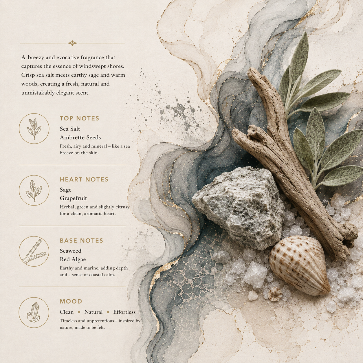 A styled fragrance note graphic with text describing a sea salt and sage scent profile, overlaid on a marble and driftwood background. The text lists top notes (Sea Salt, Ammonite Seeds), heart notes (Sage, Grapefruit), base notes (Seaweed, Red Algae), and mood.