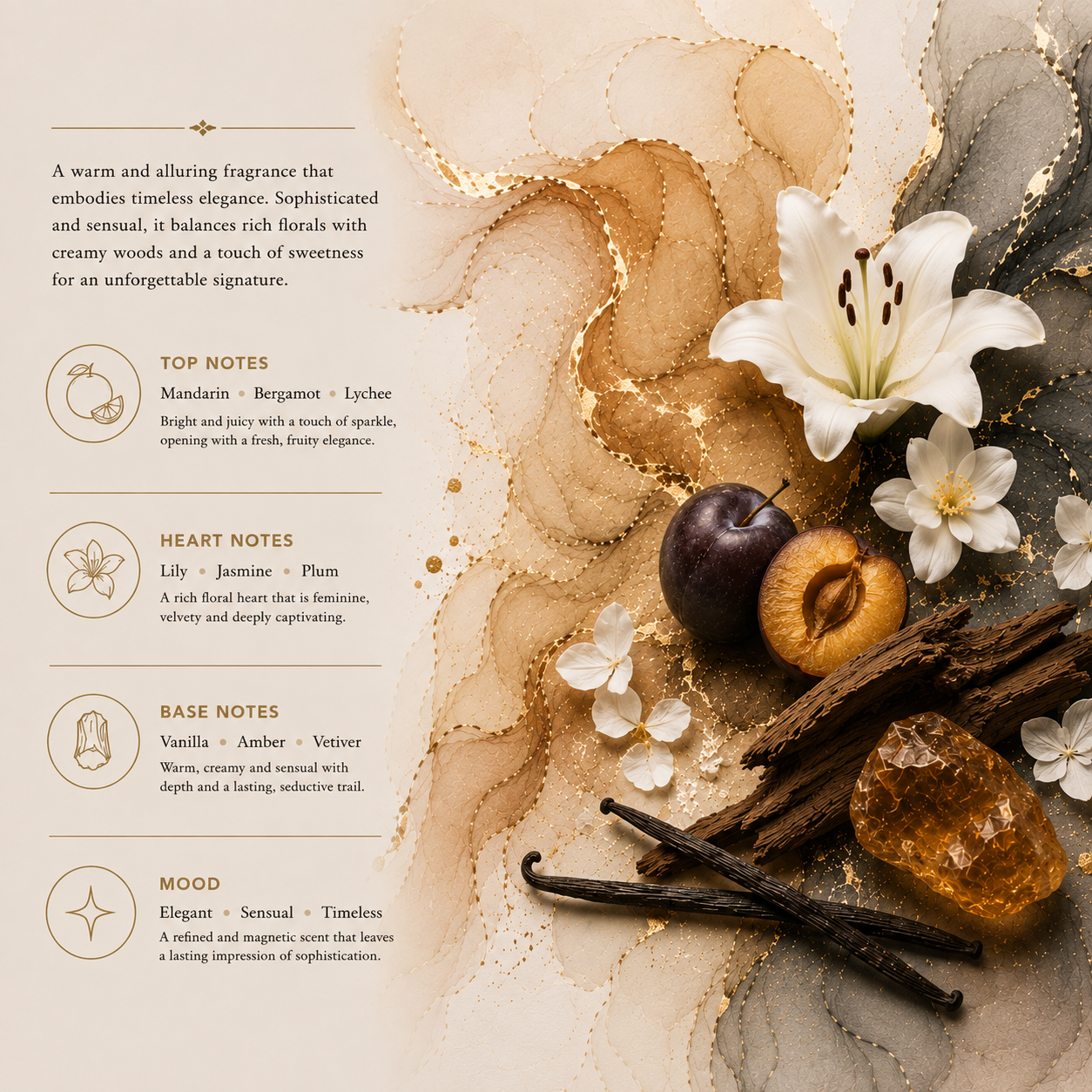 A styled fragrance composition on a warm cream background with layered gold and brown paper textures. Visible elements include white flowers, a dark plum, cinnamon sticks, amber pieces, and a small clear bottle with a gold cap.