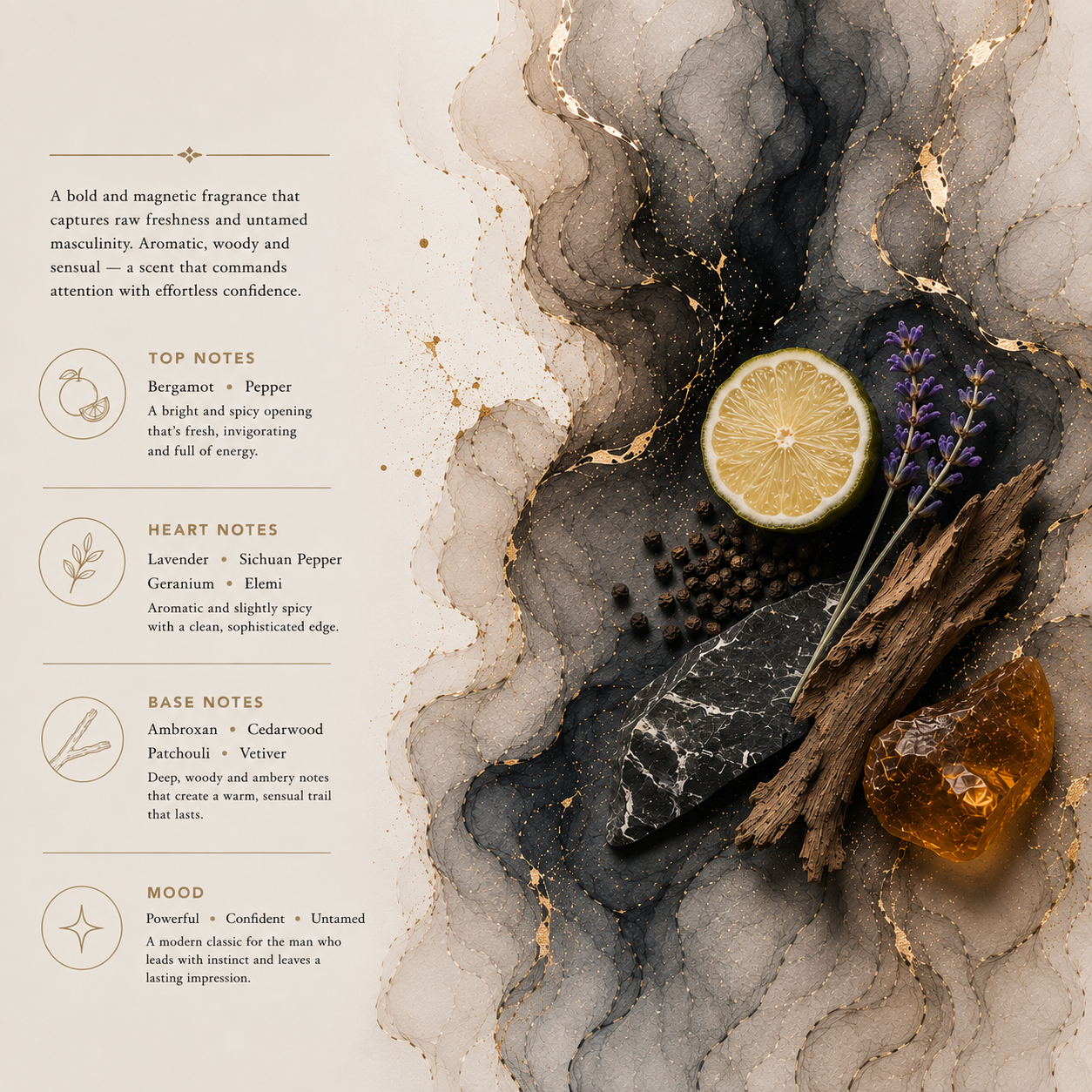 A styled flat-lay of a perfume bottle with a black cap and clear glass body, placed on a dark abstract watercolor background with a lemon slice, lavender sprigs, wood, and a gold orb. Text on the left lists the fragrance's top, heart, base, and mood notes.